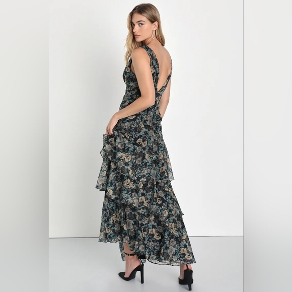 Lulus Sweeping Sensation Black Floral Print Organza Pleated Maxi Dress S Wedding - Picture 5 of 10